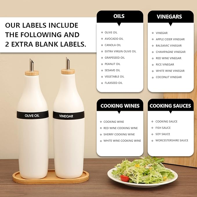 HOMCDALY Olive Oil and Vinegar Dispenser Set, Two 16oz Ceramic Oil Dispenser for Kitchen, Kitchen Dispenser Bottle for EVOO Vinegar Syrups, Modern Farmhouse Design| Set of 2 – white