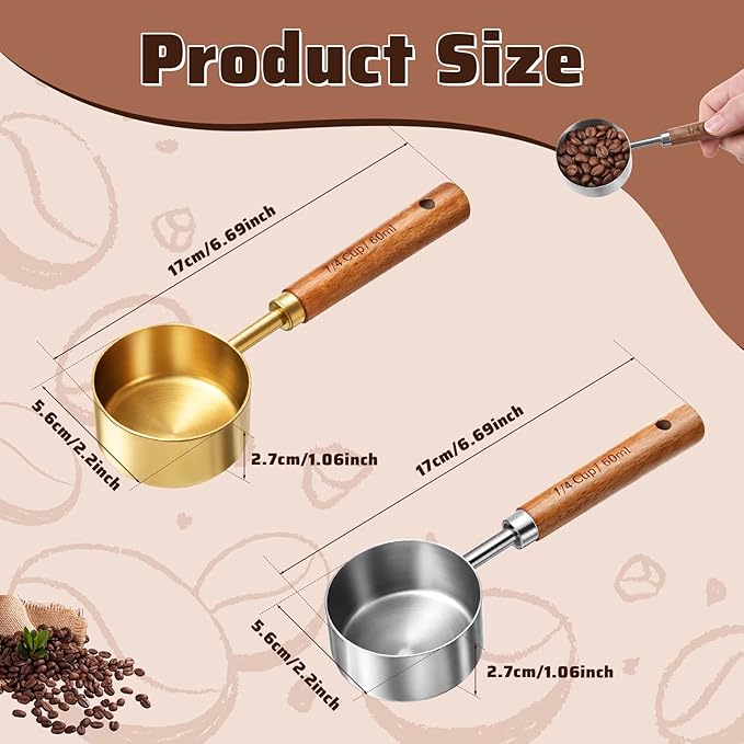 2 Pcs Measuring Cup with Wooden Handle Food Scoop Measuring Cups 1/4 Cup Stainless Steel Measurings Cups 60 ML Coffee Measurings Scoops (Gold Silver)