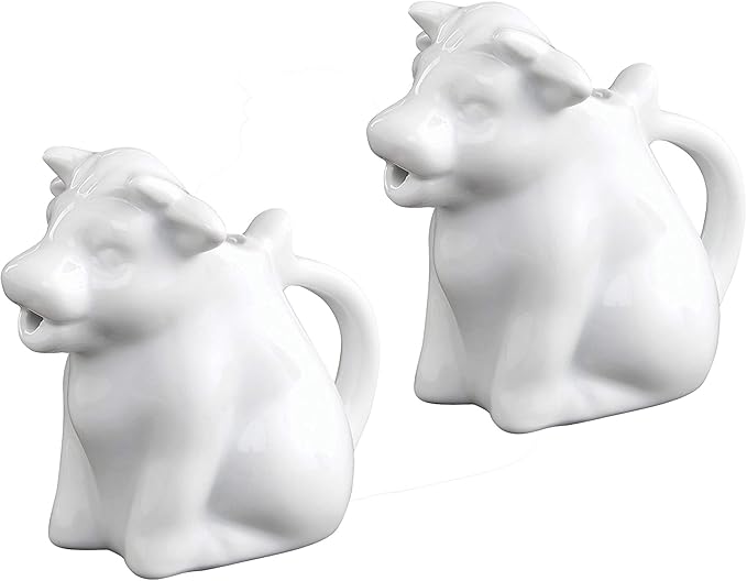 HIC Kitchen Mini Cow Creamer With Handle, Fine Porcelain, 2-Ounce, For Serving Milk, Cream, Syrup, Dressings, And Sauces, Set of 2
