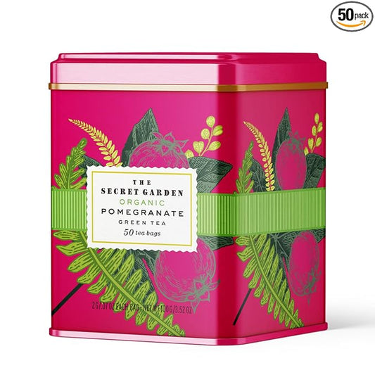 Life Plus Style Gourmet The Secret Garden Organic Pomegranate Green Tea Natural Caffeinated Herbal Leaf 50 Tea Bags Gift Tin USDA Certified Non-GMO Sugar Free Green Tea