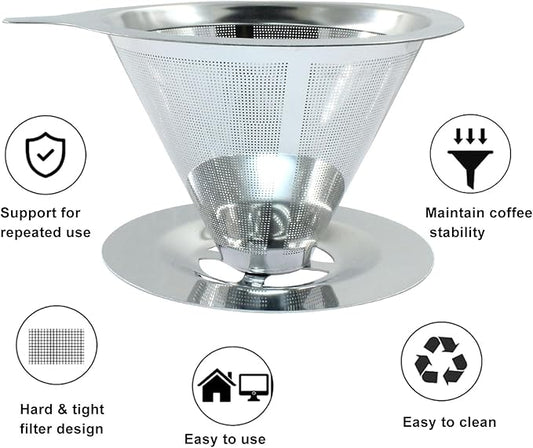 Waziaqoc Pour Over Coffee Dripper, Slow Drip Paperless Coffee Filter, Stainless Steel Pour Over Coffee Maker for 1-2 Cups Brew, Double Mesh Design of Manual Reusable Cone Filter