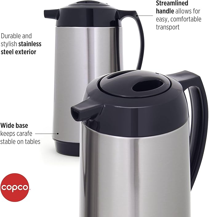 Copco Stainless Steel Insulated Carafes, Large Capacity Each For Serving, Set Of 2, 1 Quart, Silver