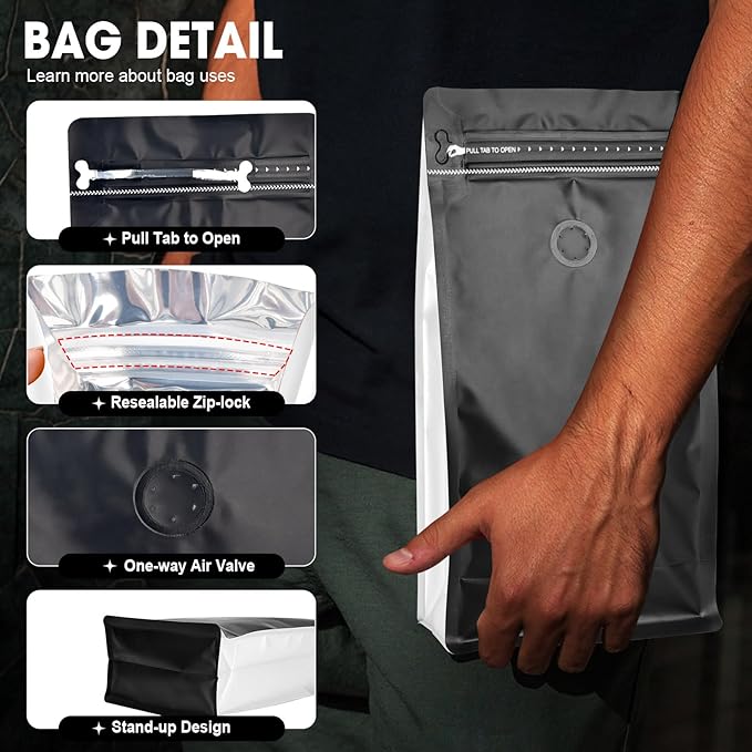 Coffee Bags with Valve(60pcs,16oz,1lb) Vented Coffee Beans Packaging Bags High Barrier Aluminumed Foil Flat Bottom Heat Sealed Side Zipper Resealable Storage Bag for Home or Business（Black+White）