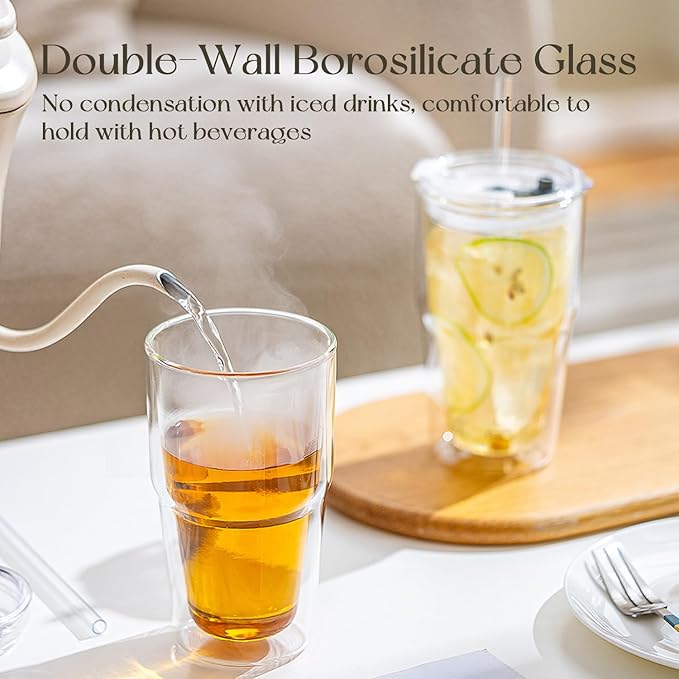 16oz Clear Double Wall Drinking Glass Cups with Lids and Straws, 2 Pc Set – Condensation Resistant Insulated Glass Can Tumblers for Cold Drinks,Iced Coffee,Tea,Juice and Mixed Drinks Cleaning Brush