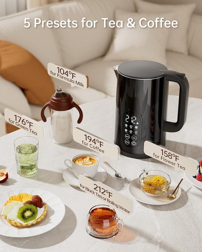 Electric Kettle with Temperature Control, 1.7L Stainless Steel Hot Water Kettle, 5 Presets, Keep Warm & Fast Boil, Matt Black with Stainless Steel Filter