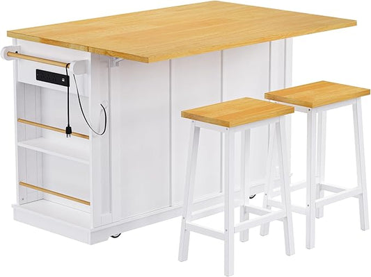 Rolling Kitchen Island with 2 Bar Stools, Drop Leaf & Power Outlet, Large Kitchen Islands Cart on Wheels, Movable Kitchen Island with 5 Open Shelves & Towel Rack for Kitchen, Dining Room, 53″, White
