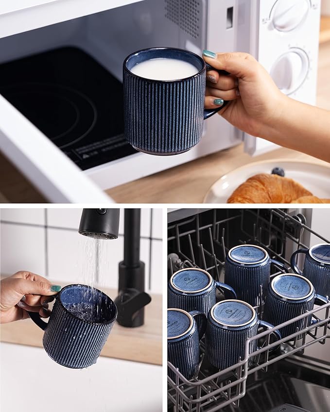 famiware Coffee Mug Set for 8, Star 12 oz Catering Mugs Cup Set with Handle for Coffee, Tea, Cocoa, Milk - Ceramic Stoneware Drinkware Set, Nebulas Blue