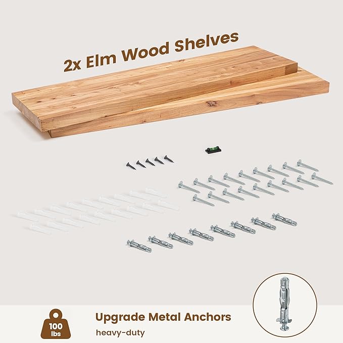 Reclaimed Elm Wood Floating Shelves for Wall, Flat Edge 36"W x 9.2"D x 1.4"H, Set of 2 with Invisible Bracket, Wall Mounted Shelves for Living Room Bedroom Kitchen Bathroom Decor, Natural Finish
