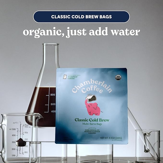 Chamberlain Coffee Elephant XL Cold Brew Bags - Premeasured, Ready to Brew - Contains 4 XL Cold Brew Bags, Makes 4 Cups of Coffee per bag - 8.5 Oz