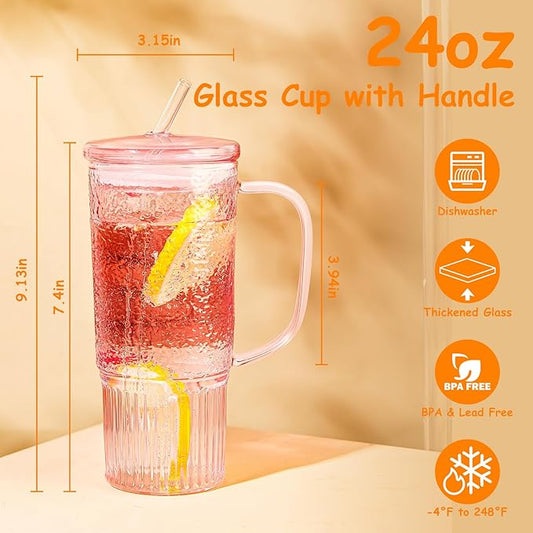 Glass Cups with Lids and Straws,24oz Glass Tumbler with Handle Iced Coffee Cup for Coffee,Juice,Tea,Milk,Smoothie,Hot & Cold Drinks (Pink)