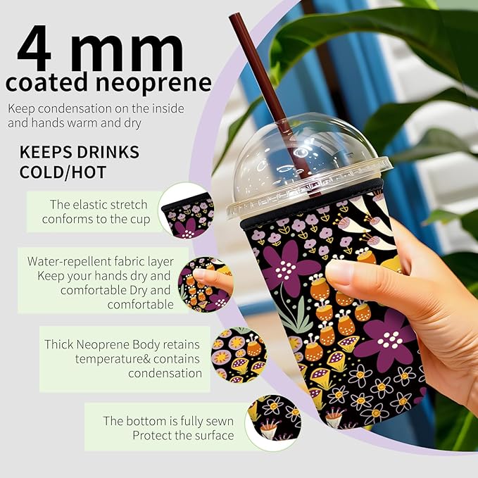 Reusable Neoprene Insulator Sleeve for Iced Coffee Cups, Medium 22-28oz Durable Drink Sleeve for Cold Beverages, Cute Beverage Holder Cup Sleeve for Women Men Cute Colorful Floral