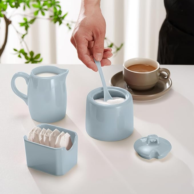 KooK Sugar and Creamer Set, 3 Piece, Pitcher, Sugar Bowl with Lid and Spoon, Sweetener Holder, Casper Blue