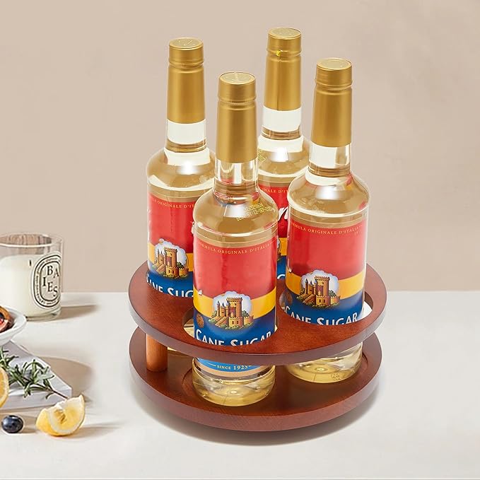 Wood Rotating Coffee Syrup Organizer, 4 Bottles Coffee Syrup Rack, Coffee Station Organizer with Large Base and Anti-Slip Pad
