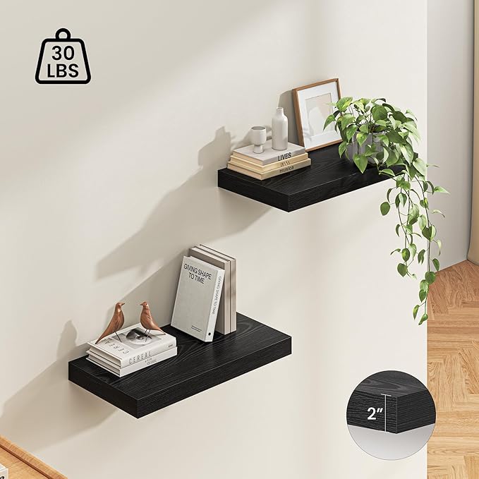 Dreamland 24" Floating Shelves for Wall, 12" Deep Thicker Black Floating Shelves, Wall-Mounted Shelves for Bedroom, Living Room, Kitchen, Bathroom - Set of 2