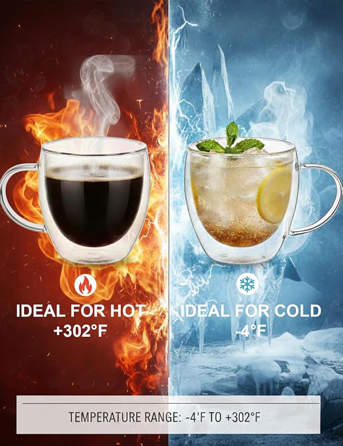 Set of 4 Double Walled Glass Coffee Mugs with Handles, 8.5oz Clear Coffee Mugs for Hot/Cold Beverages, Insulated Borosilicate Glass Cups for Cappuccino, Espresso, Latte, Tea, Milk, Microwave Safe