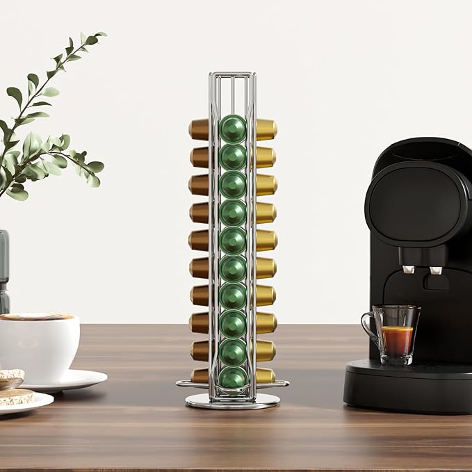SEVENLINE Coffee Pod Holder Stand Compatible With Nespresso Original Pods Carousel Storage Rack Capsules Organizer For 40 Capsules (Silvery)