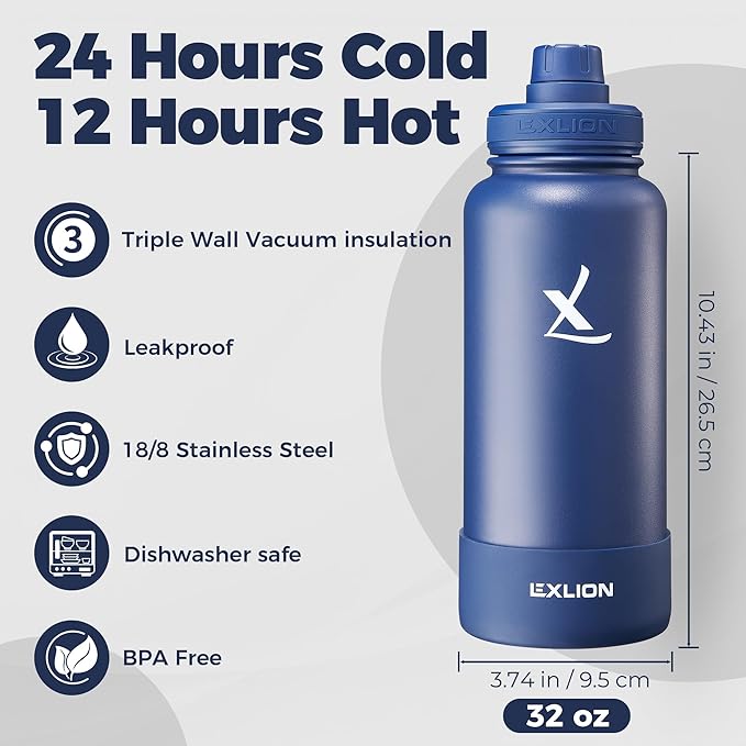Lexlion Tea Infuser Water Bottle 32 Oz – Triple Wall Insulated Stainless Steel, Loose Leaf & Fruit Strainer, 3 Leakproof Lids, BPA-Free Silicone Sleeve, Reusable Thermal Mug