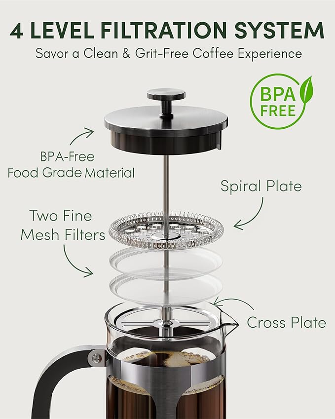 BAYKA French Press Coffee Maker, 4-Level Filtration, Easy to use, Large 304 Stainless Steel Press, Cold Brew Heat Resistant Thickened Borosilicate Pot for Camping Travel Gifts, 34 Ounce, Dark Pewter