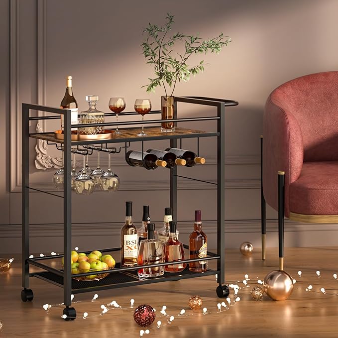 Bar Cart,Home Bar Serving Cart with Storage Shelves, 2 Tier Rolling Beverage Cart with Wheels, Modern Retro Brown Wine Cart with Wine Rack and Glass Holder for Kitchen, Dinning Room,Living Room