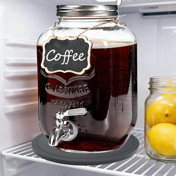 Cold Brew Coffee Maker With Silicone Mat, Cold Brew Pitcher,1 Gallon Glass Pitcher With Stainless Steel Filter,304 Stainless Steel Leak-Proof Spigot,Large Iced Coffee Maker for Home, Easy to Use