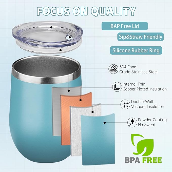 12oz/4 Pack Stainless Steel Wine Tumbler with Lid and Straw, Double Wall Vacuum Insulated Wine Tumbler Glasses, Stemless Travel Mugs for Hot and Cold Drinks, Coffee, Wine, Cocktails (Maya Blue)