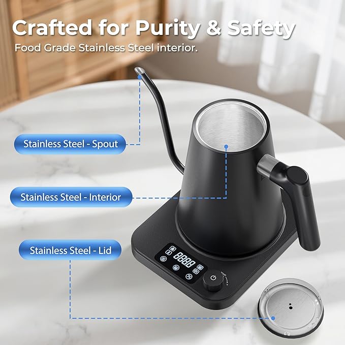 Gooseneck Electric Kettle, ±1°F Temperature Control, Smart Altitude Adaptation, 24H Keep Warm, 30-Min Auto Memory, Food Grade Stainless Steel, Pour Over Kettle for Coffee and Tea, 1200W/1.0L