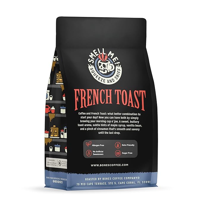 Bones Coffee Company French Toast, Sweet and Buttery Flavored Coffee, Medium Roast Low Acid Arabica Beans Compatible with Auto drip and French Press Coffee Maker, 12 Oz Ground