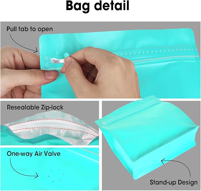50 Count 16oz Coffee Bags with Valve,1lb Vented Coffee Beans Packaging Bags High Barrier Aluminumed Foil Flat Bottom Heat Sealed Side Zipper Resealable Storage Bag for Home or Business（Blue）