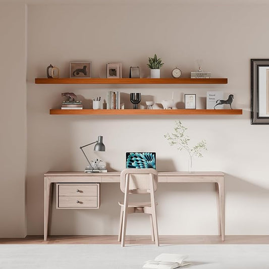 72 inch Long Floating Shelves for Wall,Solid Wood Long Shelves Set of 2,Orange Rustic Wall Mounted Shelves with Heavy Duty Brackets (Orange, 72 Inch)