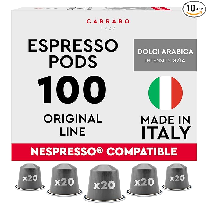 CARRARO 1927 Dolci Arabica - 100 Aluminum Espresso Pods Compatible with Nespresso Original line - Intensity 8/14, Medium Roast 100% Arabica Espresso Capsules Made in Italy