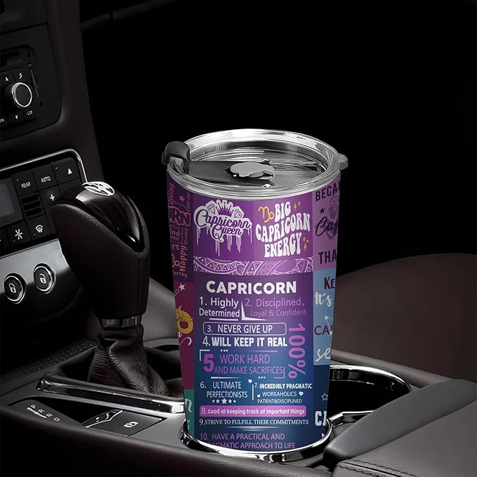 Capricorn Zodiac Tumbler, Astrology Witchy Gifts - Insulated 20oz Purple Coffee Mug With Lid & Straw