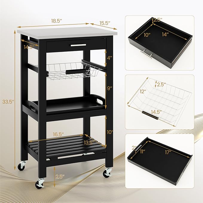 Giantex Kitchen Island Cart, Mobile Kitchen Storage Cart with Stainless Steel Tabletop, Drawer, Basket, Shelf, Serving Tray, Rolling Utility Trolley Cart on Wheels for Coffee Bar Dining Room, Black