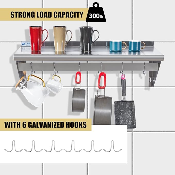 Hally Stainless Steel Shelf with 6 Hooks 14" x 36" Wall Mounted Pot Rack 300lb, NSF Commercial Floating Shelving for Storage Hanging Pots, Pans, cookware in Restaurant, Kitchen, Home and Hotel