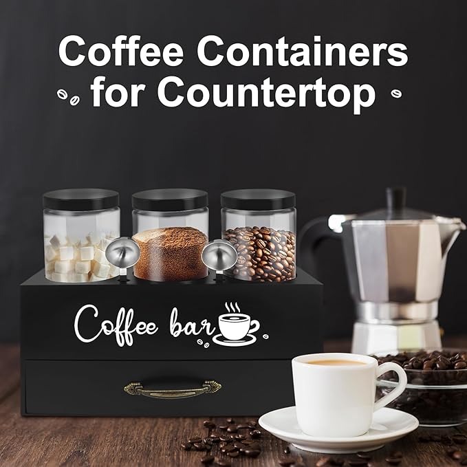 54 oz Coffee Canister Set with Shelf, Coffee and Sugar Container Set of 3 Canisters Sets for Kitchen Counter, Plastic Coffee Bean Storage Container with Scoop (Black - Drawer)
