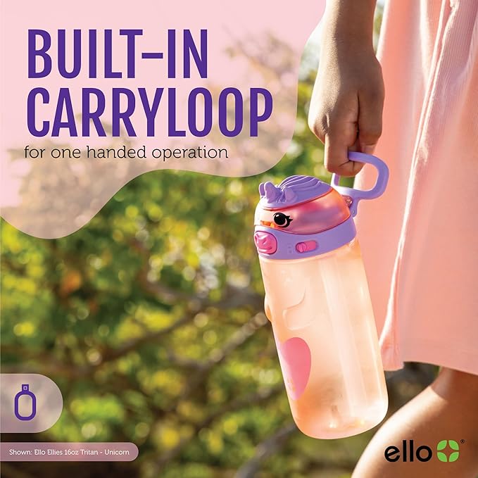 Ello Ellies 16oz Plastic Kids Water Bottle with Straw and Built-in Carrying Handle and Leak-Proof Locking Lid for School backpack, Lunchbox and Outdoor Sports, Dino