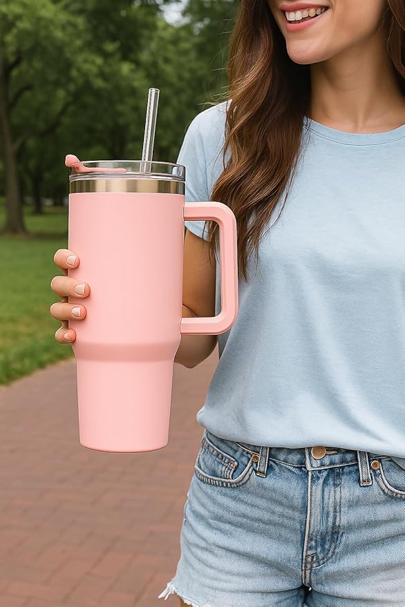 The FaarSky 40 oz Insulated Travel tumbler with lid and straw, 12 Hours Hot & Cold, Vacuum Insulated Stainless Steel, Leak-Proof Lid, (Salmon Pink)