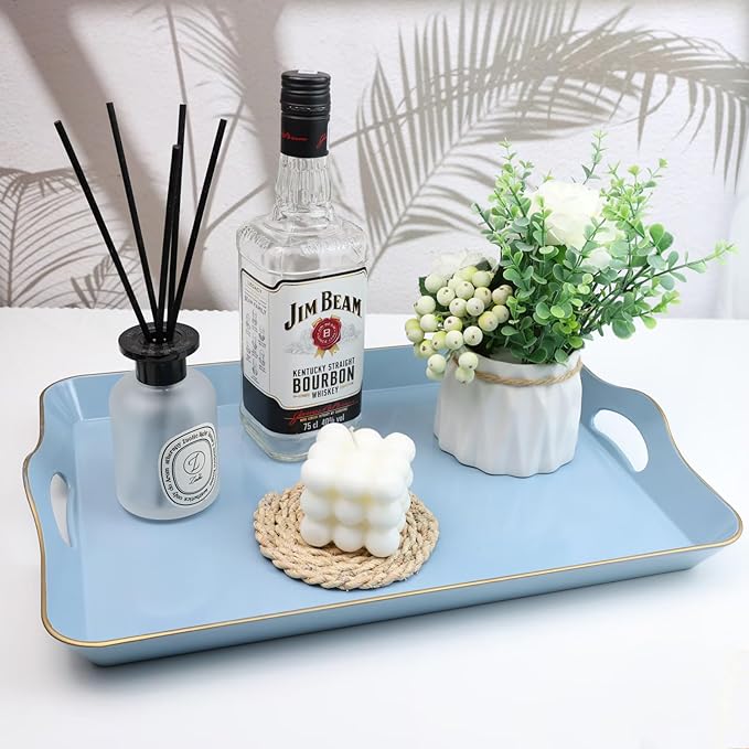 Spsyrine Light Blue Decorative Tray, Elegant Plastic Serving Tray with Handles, Coffee Table Tray for Ottoman, Living Room, Home Decor