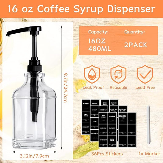 BIGIVACA Coffee Syrup Dispenser 16 oz 2 Pack,Clear Glass Syrup Bottle with 1/4oz Capacity Pump,Syrup Dispenser for Coffee Bar with Plastic Pump