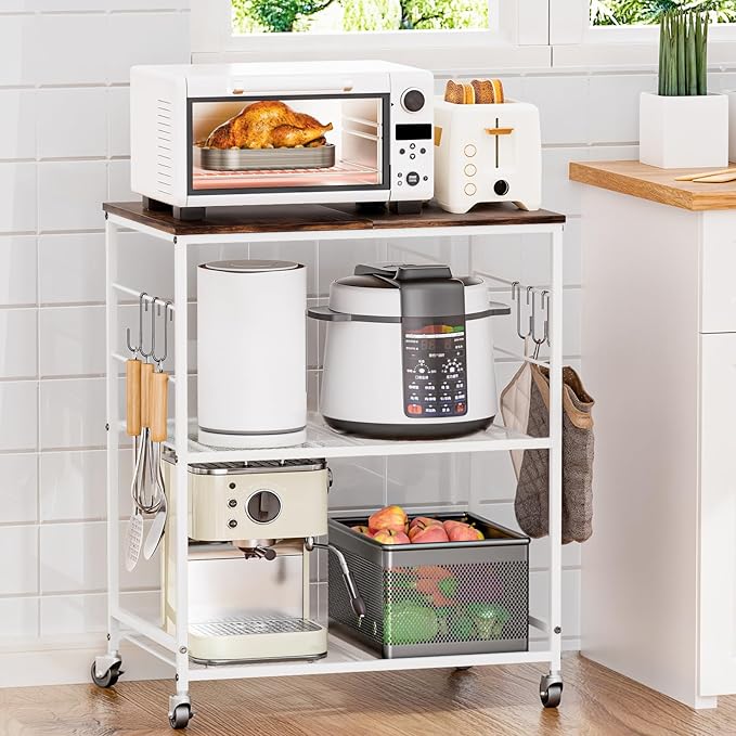 Abiglifty 3-Tier Rolling Kitchen Cart, Microwave Cart with Lockable Wheels, Kitchen Utility Cart, Mobile Microwave Stand with Storage for Living Room, Office, Balcony, Bathroom,White