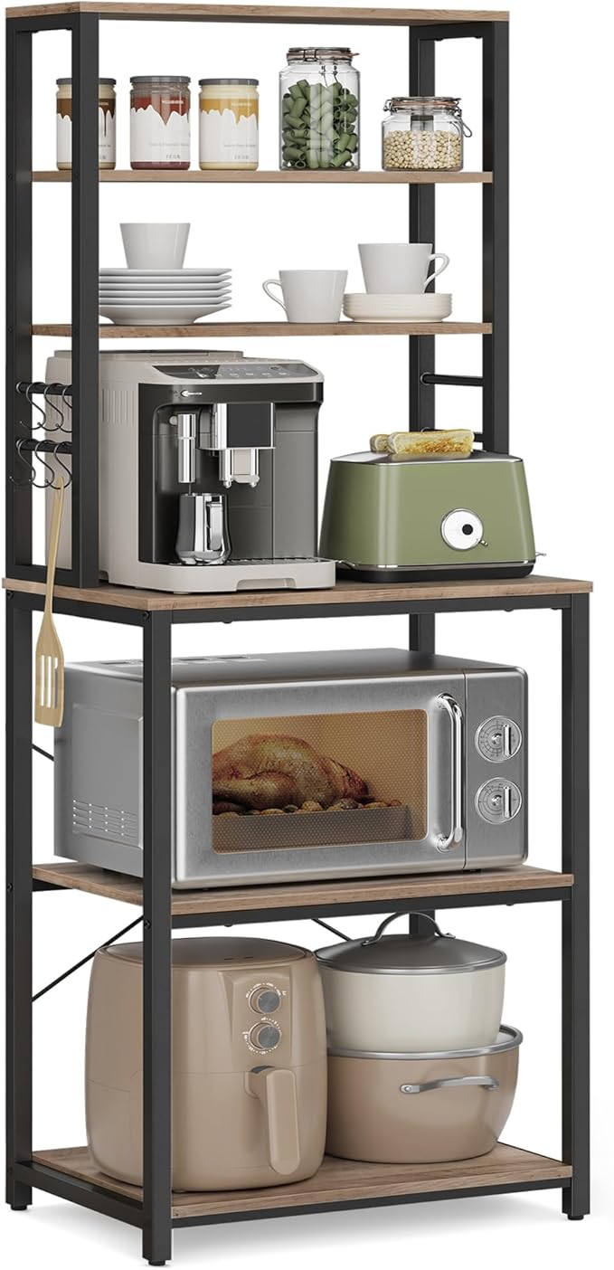 VASAGLE Coffee Bar, 23.6 Inches Baker's Rack for Kitchen with Storage, 6-Tier Kitchen Shelves with 6 Hooks, Microwave Stand, Industrial, Heather Greige and Ink Black UKKS024B02