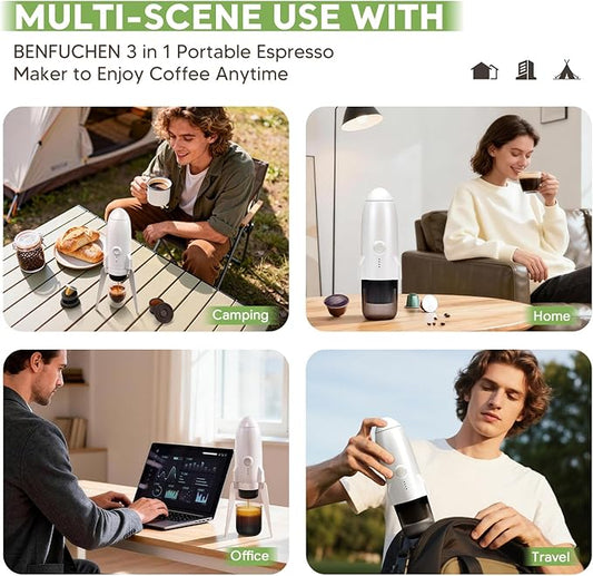 3 in 1 Portable Electric Espresso Machine On the Go with Detachable Coffee Stand, Car Coffee Maker Self-Heating with USB-C, For Travel Camping and Hiking With Ground Coffee & NES PRES*O/DG Pod
