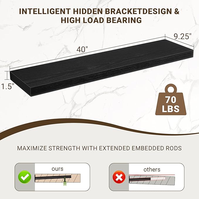 40 Inch Floating Shelves, 3D Textured Wood Grain, 40"x9.25"x1.5" Inch Deep Floating Shelves for Wall, Wooden Shelves for Bathroom, Bedroom, Living Room, Black, 1 Piece