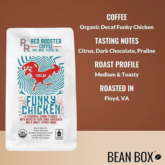 Organic Decaf Funky Chicken - Roasted by Red Rooster Coffee - Whole Bean Coffee - 12 Ounce Bag