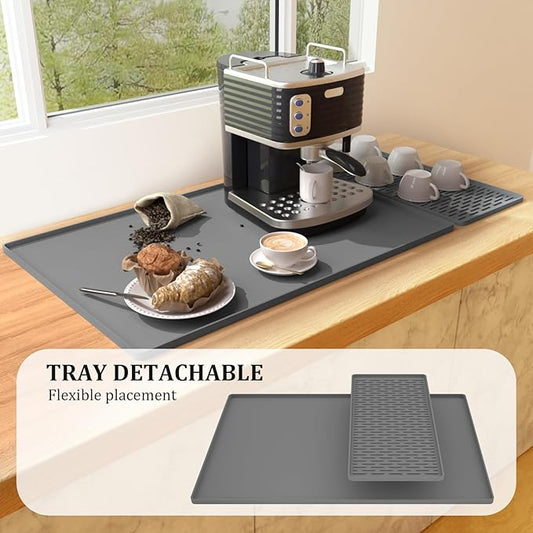 BLESWIN Silicone Coffee Mat, 16x24 Inches - Non-Slip Bar Mat with Raised Edges and Removable Drying Pad, Fits Under Coffee Makers/Espresso Machines, Heat-Resistant Countertop Protector (Grey)