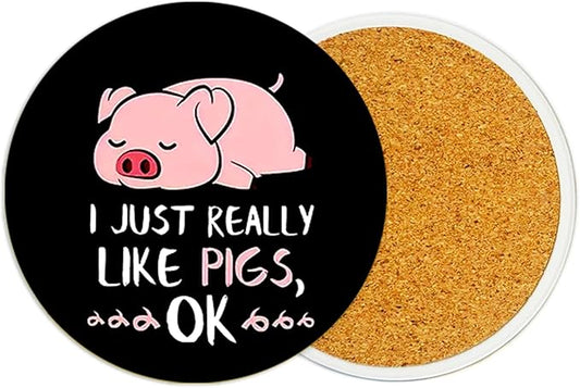 2Pack Pig Ceramic Coasters Absorbent Coasters for Drinks with Cork Base, Pig Coaster for Table Office Desk Decor Coffee Cup Wine Beer Bar Cup Mat 3.9 Inch, Pig Gifts for Women, Men, Dad