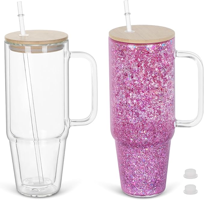 40 Oz Snow Globe Glass Cup With Handle, 2 Pack Pre-Drilled Double Wall Glass Coffee Mug For Snow Globe Diy Glitter