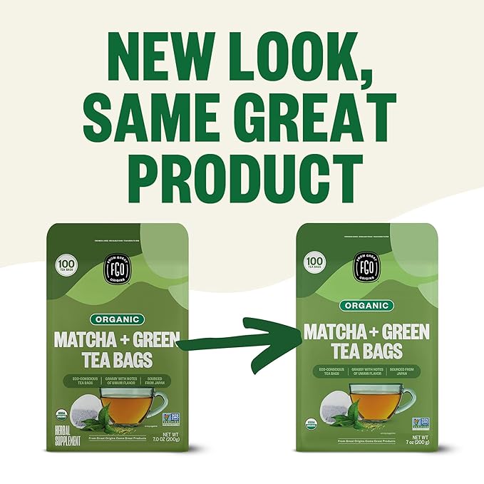 FGO Organic Japanese Matcha + Green Tea, 100 Count, Eco-Conscious Tea Bags, Resealable Bag, Packaging May Vary (Pack of 1)
