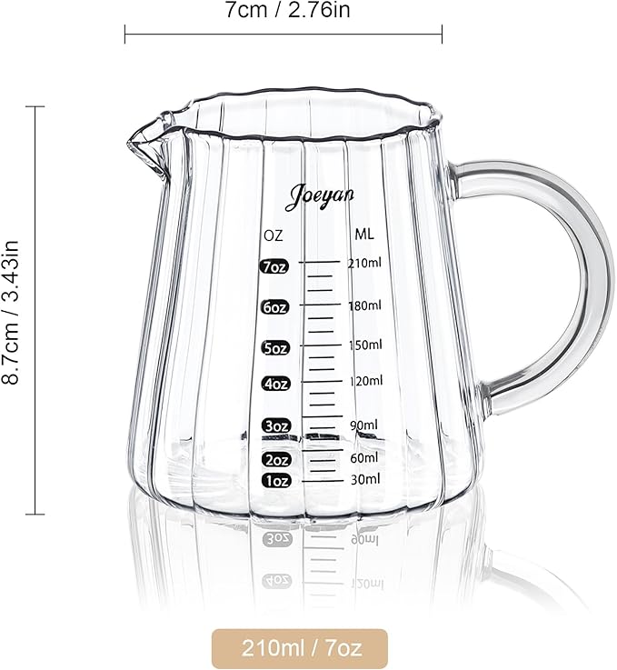 Joeyan 7 oz Glass Measuring Cups with Spout,Borosilicate Large Glass Triple Pitcher with Scale,Origami Style Espresso Shot Glasses with Wood Handle for Coffee Milk