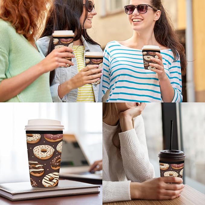 Food Donuts Pattern Iced Coffee Sleeve for Cold Drink Cups, Reusable Neoprene Insulated Drink Sleeves Cup Cover for Beverages, Fits 32 oz