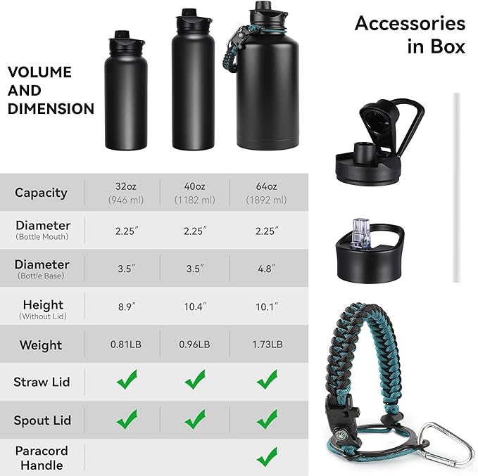 32 Oz Stainless Steel Insulated Water Bottle (4 pk), Leak Proof, Wide Mouth Lids, Double Walled Vacuum, BPA Free, Sport Bottles for Gym, Travel, Running, Hiking